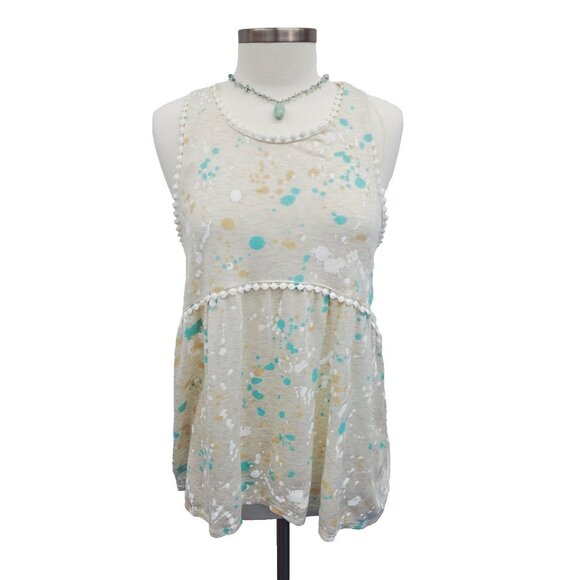 NWT Womens Babydoll Tank Top S Beige Paint Splatter Print Sleeveless Pom Trim - Picture 2 of 13
